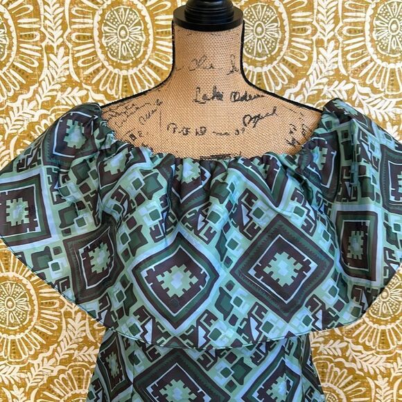 NWOT Baum Und Pferdgarten Alice Geo Print Off Shoulder Mini Dress Green/Blue M - Picture 8 of 15